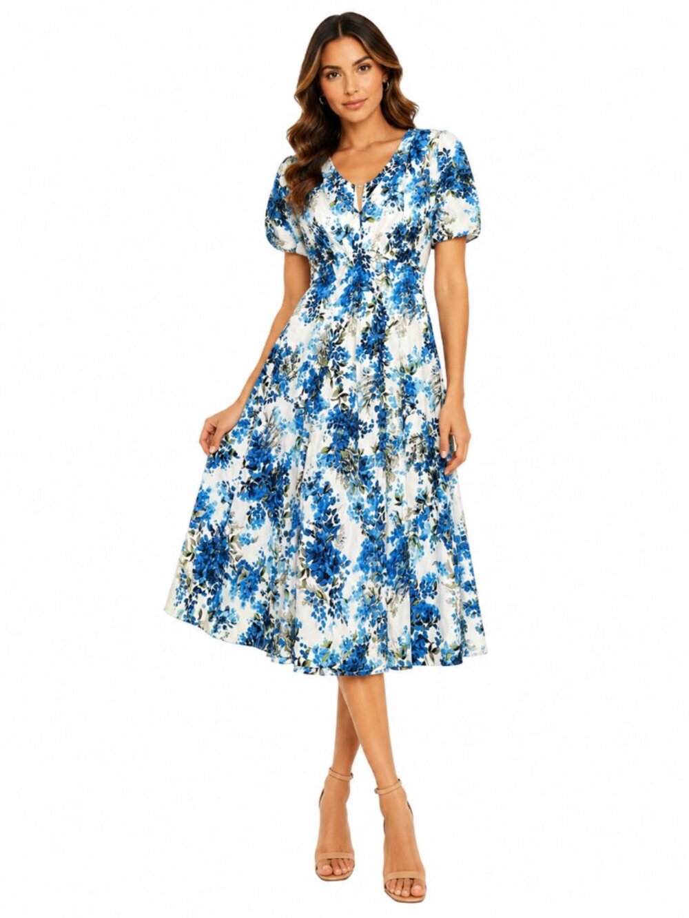 RETRO SPEC'D CLOTHING Blue White Floral Cotton Fit & Flare Midi Dress US 6